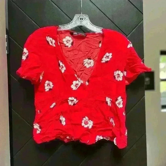 ZARA floral red cottage core top cap sleeve v neck button down size L - Picture 2 of 5